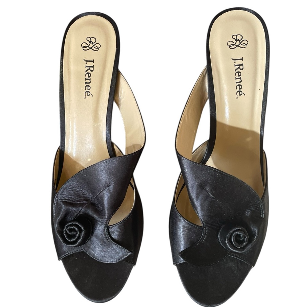 J.Renee Black Satin Rosette Slide Mules Size 13W - Picture 2 of 13